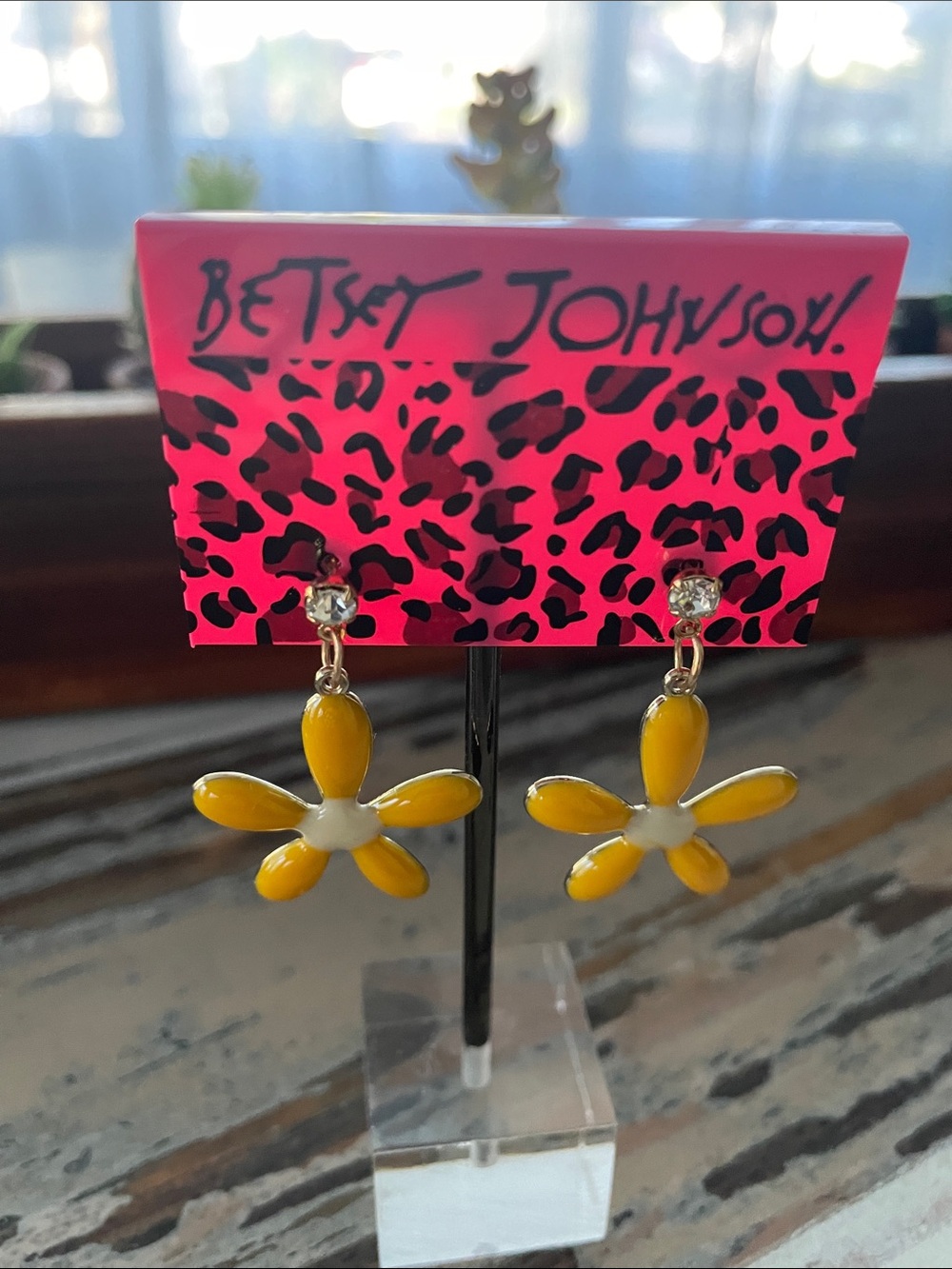 Betsey Johnson Yellow Enamel Daisy Drop Earrings with Crystal Studs